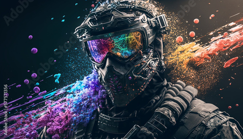 A tactical suit, colorful paint and smoke bombs for a war game. Generative A