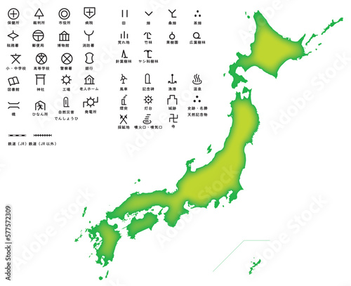 日本地図と地図に使われる地図記号のイラストセット　アイコン　ピクトグラム　マーク