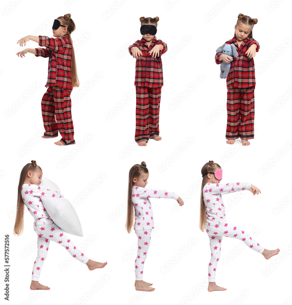 Collage with photos of girl sleepwalking on white background