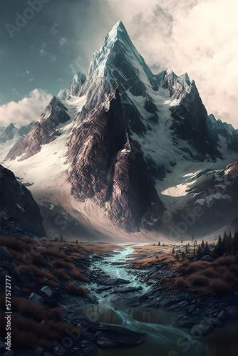 Landscape with snow and clouds. Snow covered mountains in winter Generative AI