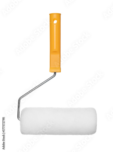 New clean paint roller on white background photo