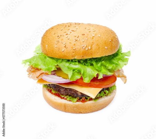 One delicious burger with beef patty and lettuce isolated on white