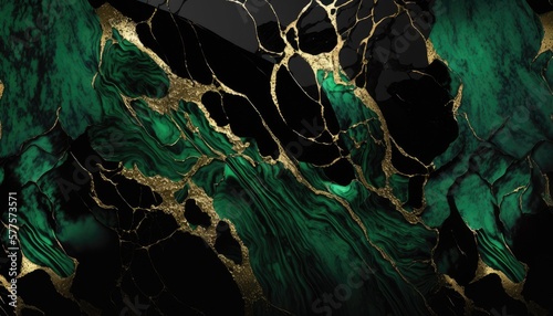 Mystical Woods: Dark Green and Black Marble with Gold Veins, AI-Generated