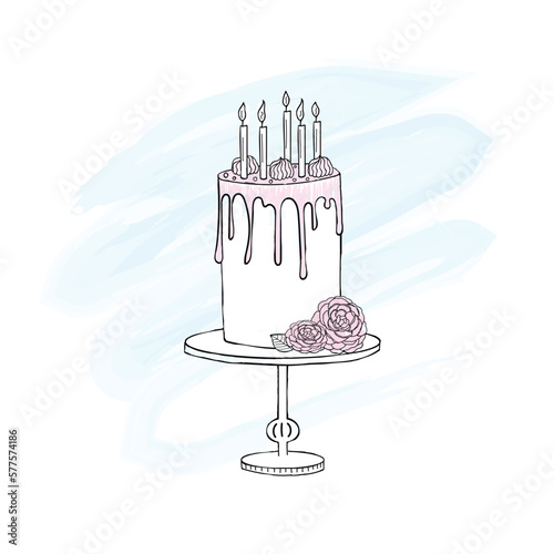 Hand-drawn cute birthday cake, blue and pink watercolor, black and white colors, with  flowers decoration on the cake