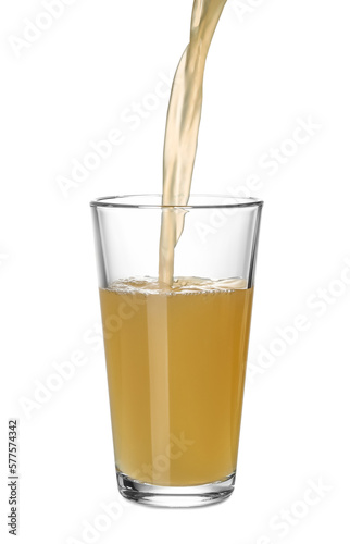 Pouring fresh juice into glass on white background