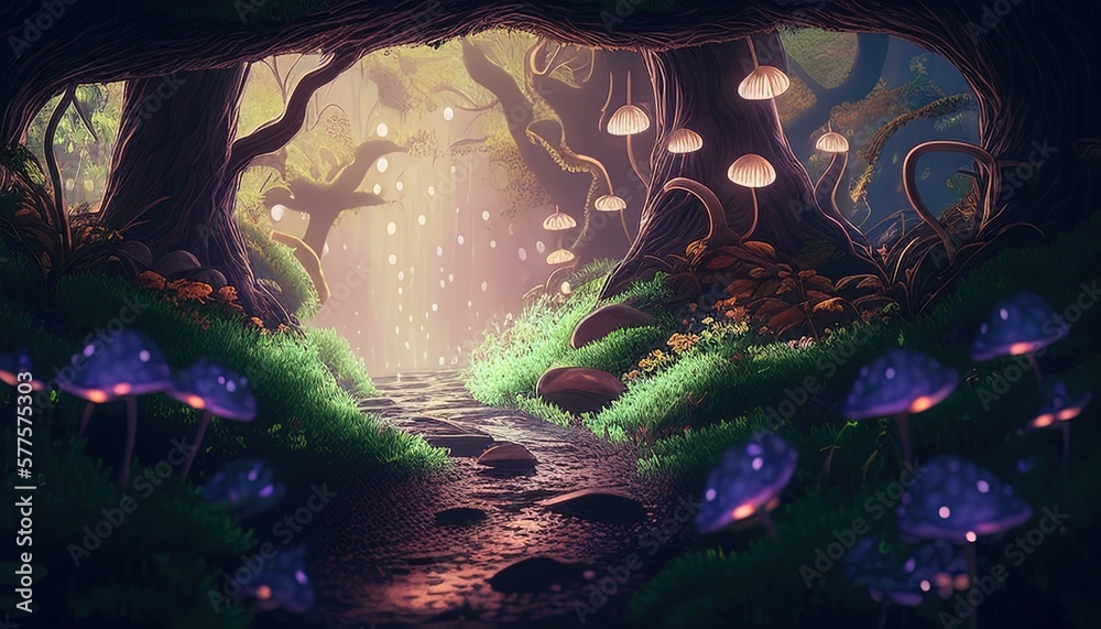 Fototapeta premium forest with glowing mushroom digital art illustration, Generative AI