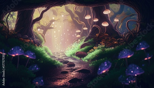 forest with glowing mushroom digital art illustration, Generative AI