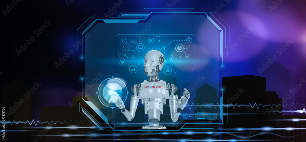 Obraz premium Robot touching icon New world future technology, artificial intelligence (AI) concept for internet network technology and digital software development, metaverse algorithm, and copy space