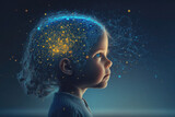 child, children's brain. glowing blue lines. neural connections. artificial intelligence. AI Generative