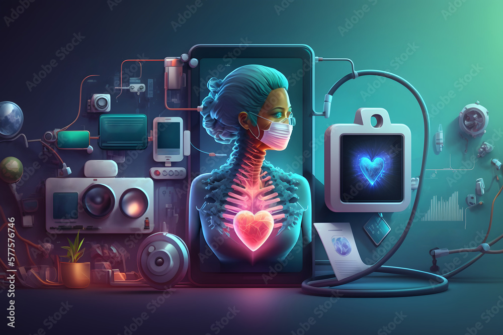 Ciekawie wyglądające ikony związane z medycyną ,leczeniem, zdrowiem w stylistce nowej technologi. Generative AI - obrazy, fototapety, plakaty 