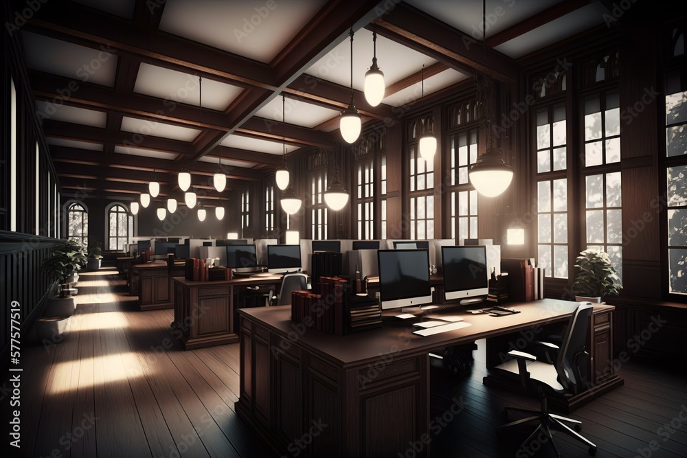 professional office interior with dark wooden desks under massive ...