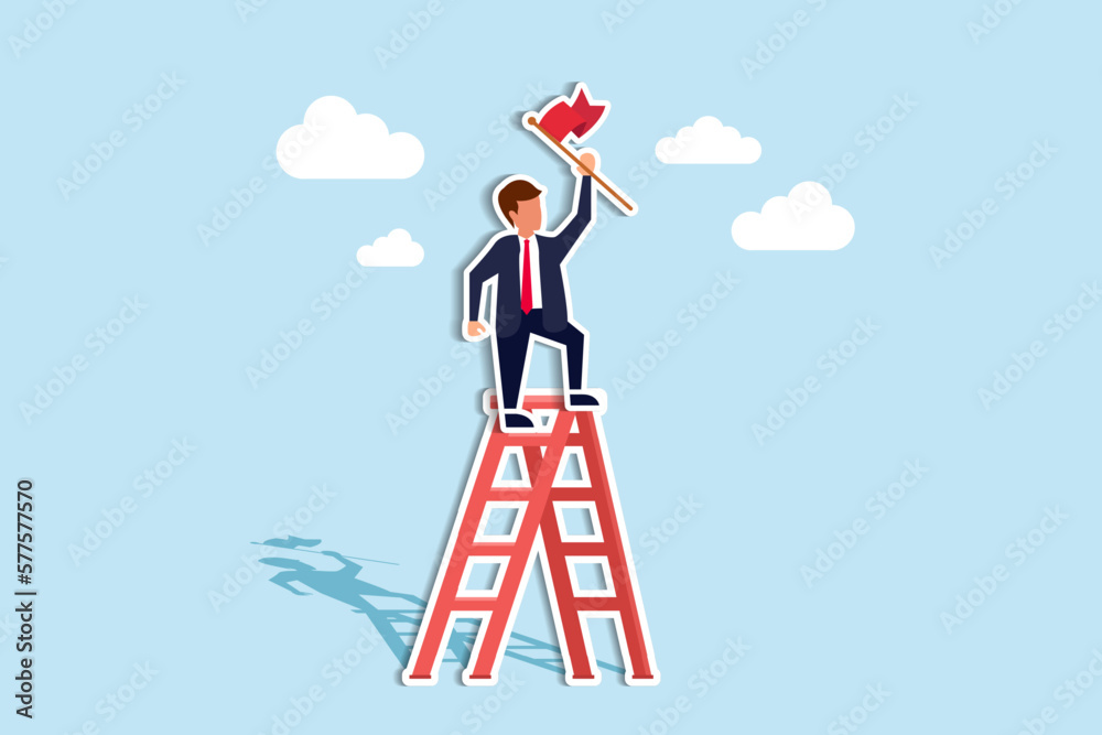 Success ladder to reach goal, achievement or opportunity, climb up ladder to get new hope, accomplishment or career development concept, businessman climb up ladder of success to reach flag champion