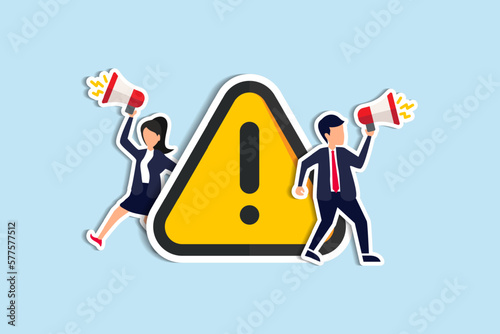 Important announcement, attention or warning information, breaking news or urgent message communication, alert and beware concept, business people announce on megaphone with attention exclamation sign