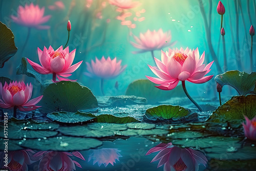beautiful pink water lilies flowers in water, blossoming sakura trees, nature background wallpaper, generative AI photo