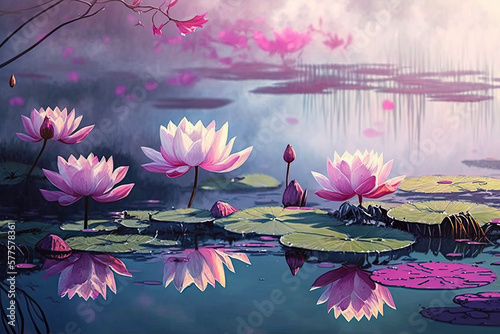beautiful pink water lilies flowers in water, blossoming sakura trees, nature background wallpaper, generative AI