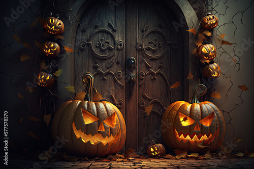 Halloween creepy spooky background, pumpkins, jack-o-lantern, 3d render, 3d illustration, generative AI