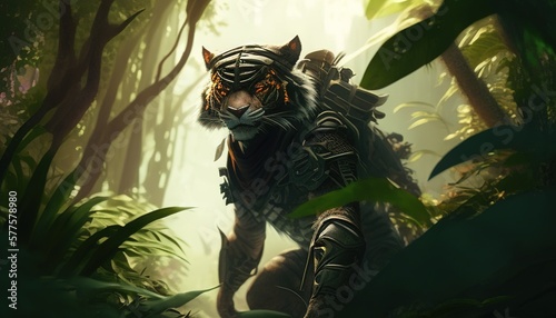 tiger hunter digital art illustration, Generative AI