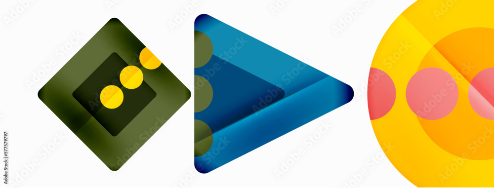 Fototapeta premium Trendy minimal geometric abstract background. Triangles, squares and circles bright colors backdrop. Vector Illustration For Wallpaper, Banner, Background, Card, Book Illustration, landing page