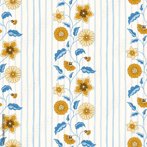 Indian Trailing Flowers and Vertical Stripes Vector Seamless Pattern. Cottagecore Chintz Floral Background. Delicate Summer Boho Print