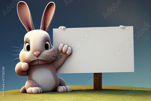 3D rabbit cartoon holding blank sign. 3D animal background photo