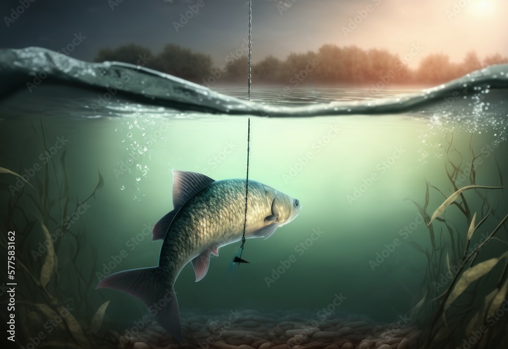 fishing background. Close-up shot of a fish hook under water. AI generated,  human enhanced Stock Illustration