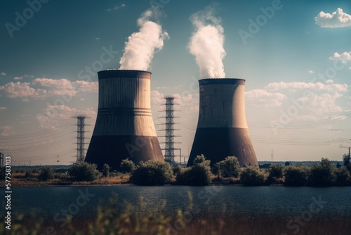 Cooling towers of Nuclear Power Station near city. AI generated, human enhanced