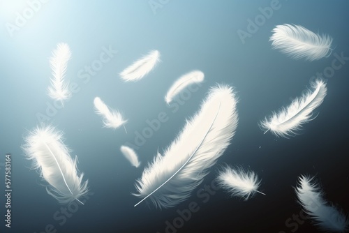 White feathers floating in the air. AI generated, human enhanced.