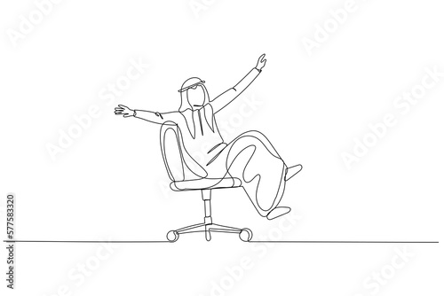 Drawing of arab businessman sitting on uncontrollable chair. metaphor for work depression. Single line art style