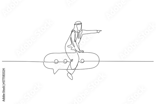 Illustration of arab businessman ride speech bubble moving to target. metaphor for good coordination. One line style art