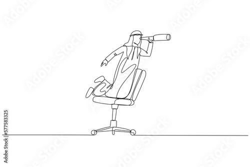Illustration of arab businessman riding office chair using telescope. metaphor for business vision. Single continuous line art style