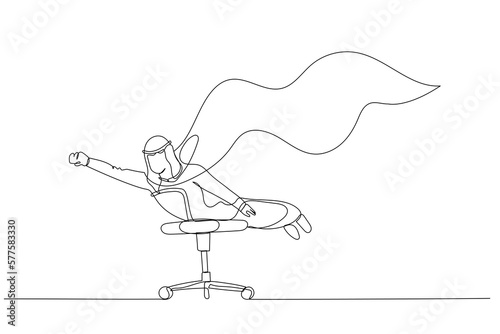 Cartoon of arab businessman with cape on office chair pose like hero. Continuous line art