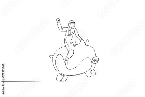 Illustration of arab businessman riding piggy bank. metaphor for investment and saving. Single line art style