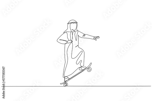 Drawing of arab businessman stand and moving with skateboard. metaphor for business style. Continuous line art style