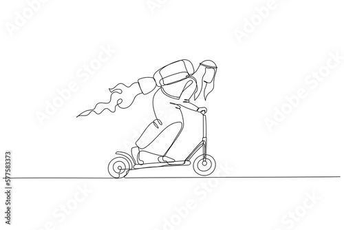 Drawing of arab businessman riding scooter with jet engine. metaphor for business speed. Single continuous line art style