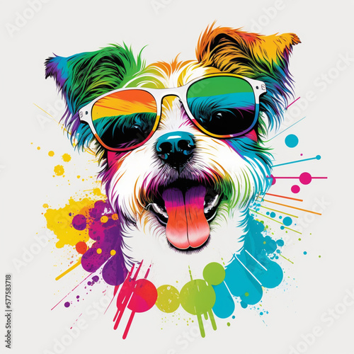 Graphic of a cute happy dog, wearing sunglasses, detail design, colorful, contour, white background Generative AI © Marcelo