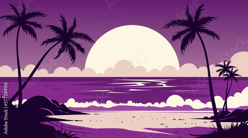 view of the beach with silhouettes of coconut trees, shades of purple