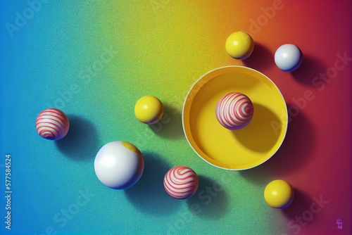Fotografiet Bowling ball hits all the skittles on yellow background