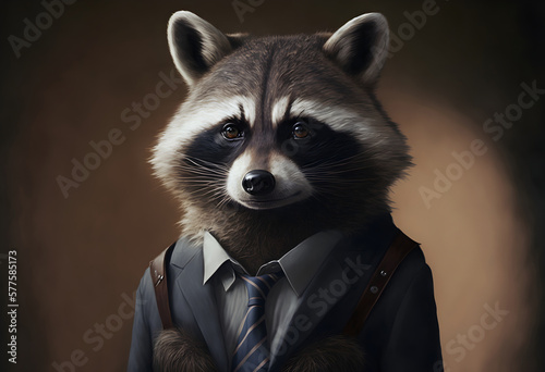 Portrait of a raccoon dressed in a formal business suit, Generative AI