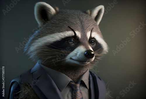 Portrait of a raccoon dressed in a formal business suit, Generative AI