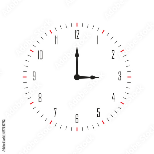 Clock face isolated on white background. Simple watch icon. Modern round dial with arrows on wall. Symbol of time. Timer in office. Black outline clock alarm with hour