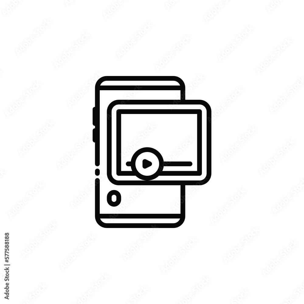 Phone, cellphone smartphone with social media online playing video outline icons. Vector illustration. Isolated icon suitable for web, infographics, interface and apps.