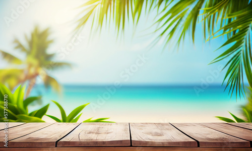 Wooden table in front of abstract blurred sea and coconut tree background. For present your products. Generative AI.