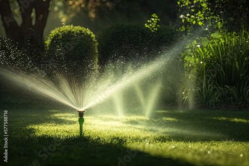 Sprinkler in Park Spraying Water on Lush Green Grass