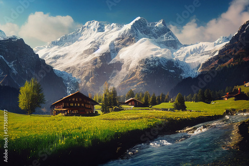 Cottage and stream in the Swiss Alps – created with generative AI