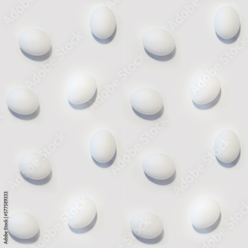 Seamless pattern. Food photo. White chicken egg on light background. Monochrome solid color. Happy Easter. Background for your desktop  site  screensaver. Preparation for religious holiday. Top view