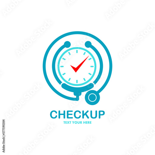 Medical checkup time vector logo template. there are stethoscope and watch symbol