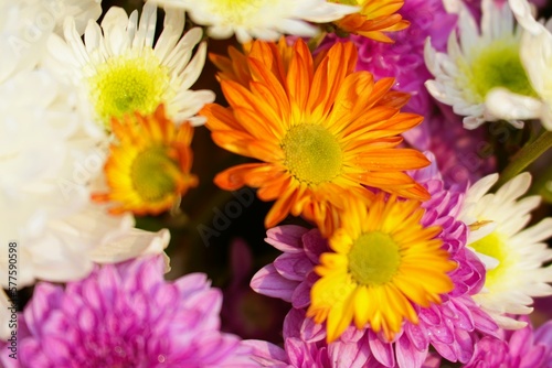 Orange flowers are placed in the center. pink and white flowers