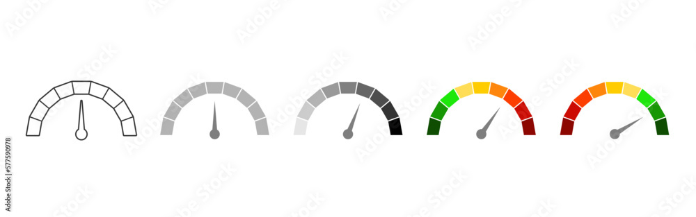Meter scale with arrow. The measuring device icons set. Sign tachometer, speedometer, indicators. Illustration in flat style. Infographic gauge elements Meter scale with arrow. The measuring device icons set. Sign tachometer, speedometer, indicators. Illustration in flat style. Infographic gauge elements