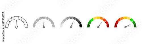 Meter scale with arrow. The measuring device icons set. Sign tachometer, speedometer, indicators. Illustration in flat style. Infographic gauge elements