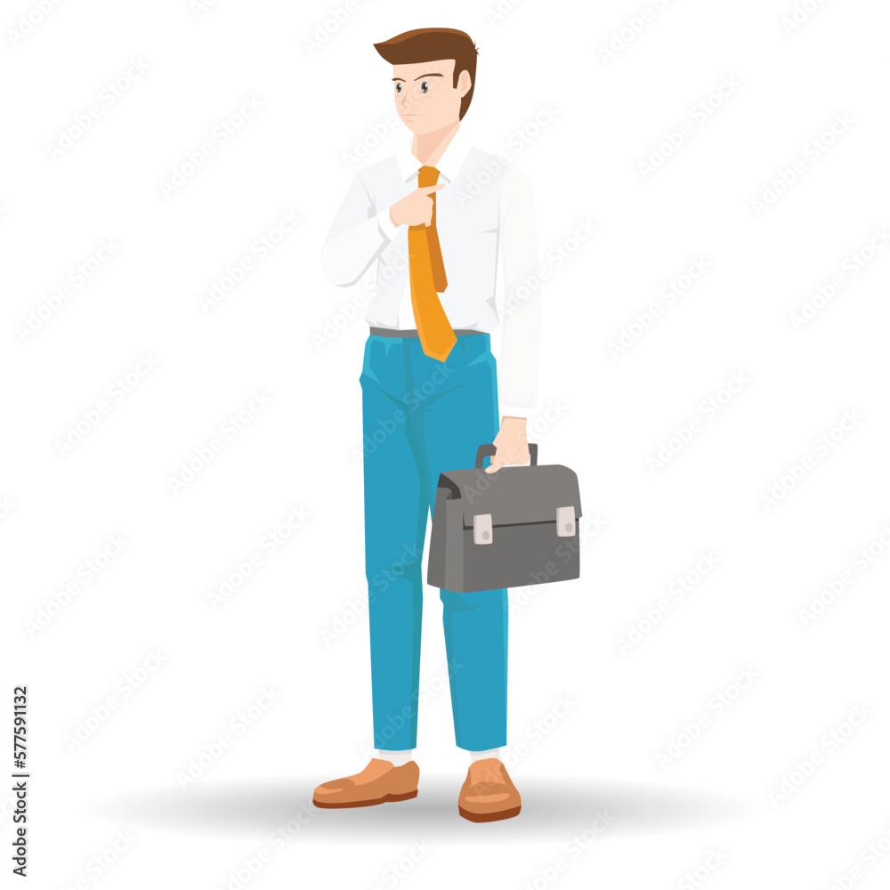 Vector or illustrator of business man in private suite. Stand to catch the necktie in white shirt and blue pants hold the bag. White shadow on isolated white background.